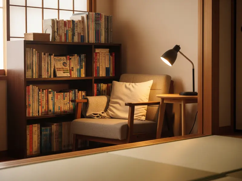 Welcoming classroom corner at Starfish English in Fujieda showing bookshelf and learning space